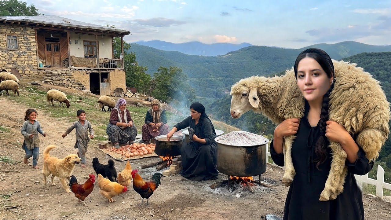 IRAN village life; Butchering a lamb and cooking it with rice