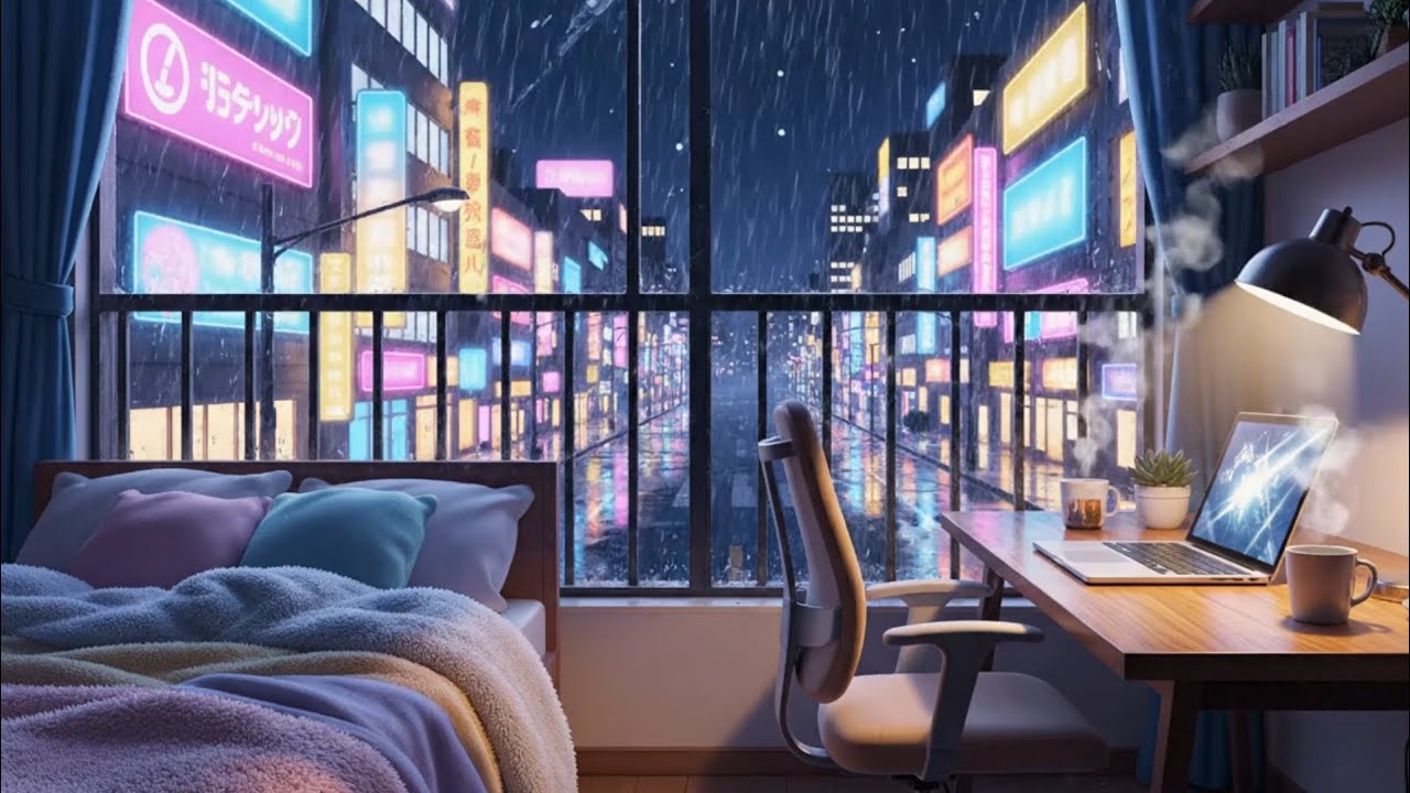 Deep Work in a Rainy Neon City 🌧️ Organic Acoustic Lofi for Study & Focus
