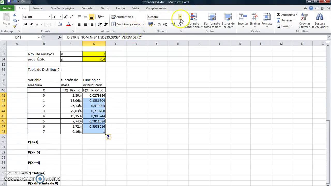 Distribución Binomial con Excel