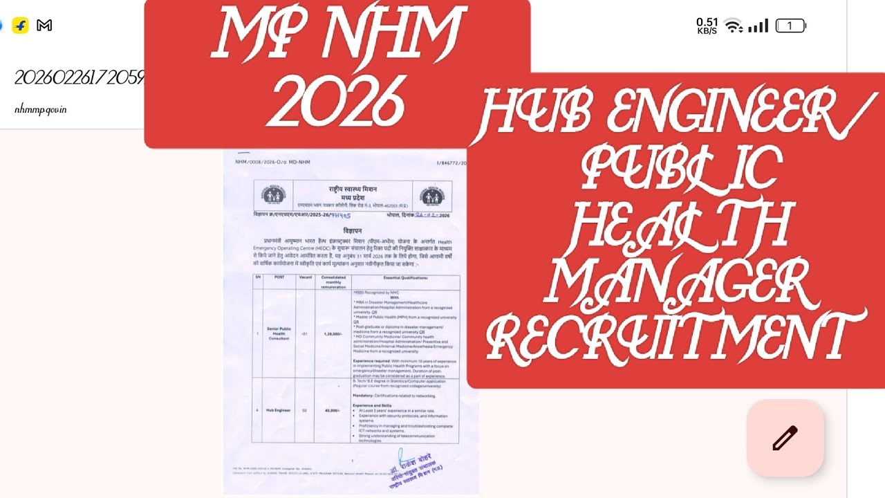 MP NHM LATEST VACANCY UPDATE 2026/PUBLIC HEALTH MANAGER/HUB ENGINEER/MBBS/MS/MD/MO/BE/BTECH/MA/MTECH