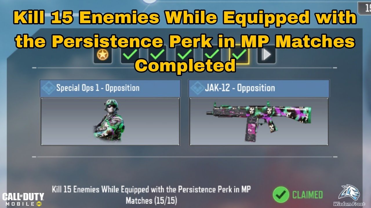 Kill 15 Enemies While Equipped with the Persistence Perk in MP Matches Cod Mobile 2023