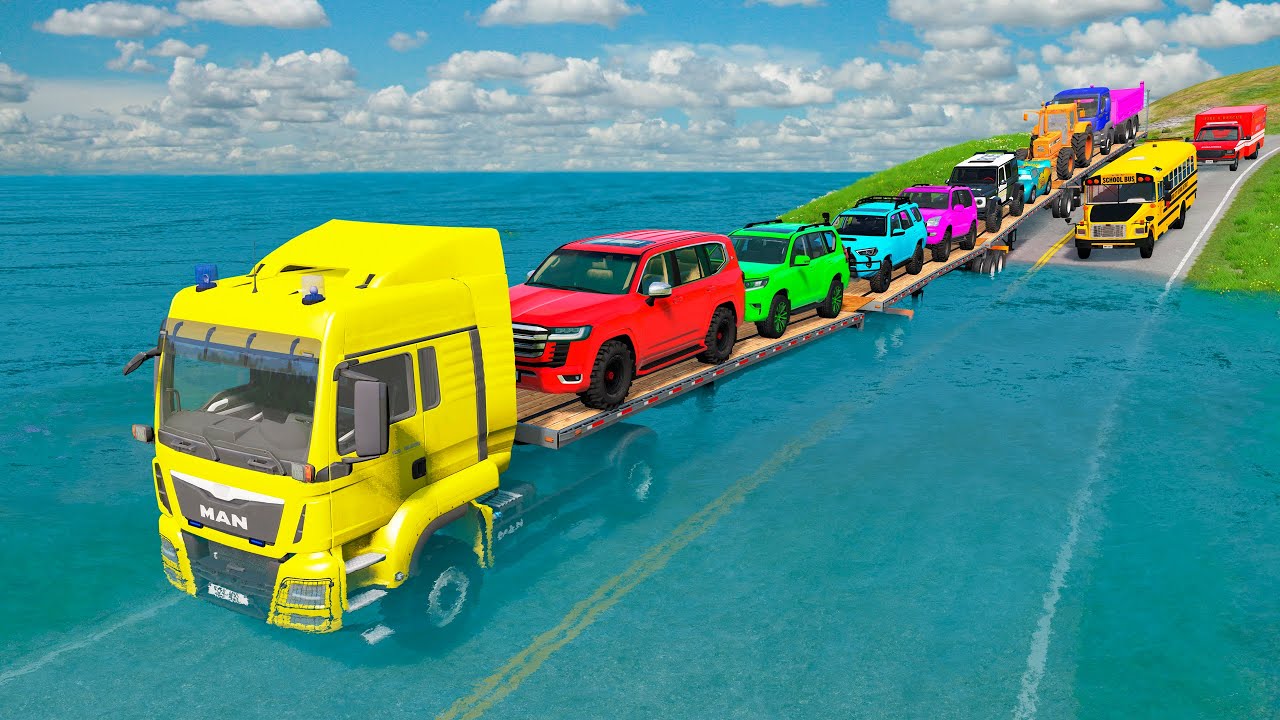 Triple Flatbed Trailer McQueen Transportation with Truck - Speedbumps vs Cars vs Train - BeamNG #238