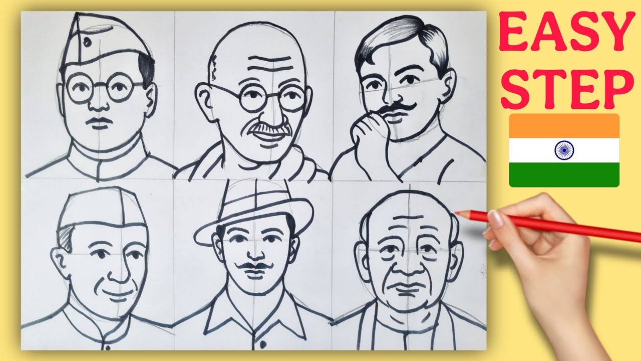 Six Freedom fighters drawing || Independence day drawing || India leaders drawing 🇮🇳
