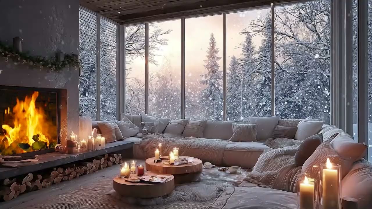 3 Hours Cozy Winter Piano ❄️ Fireplace Fire & Falling Snow for Deep Sleep