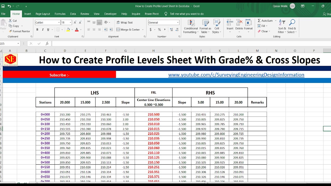 How to Create Profile Level Sheet Elevations  With Cross Slope In Excel.