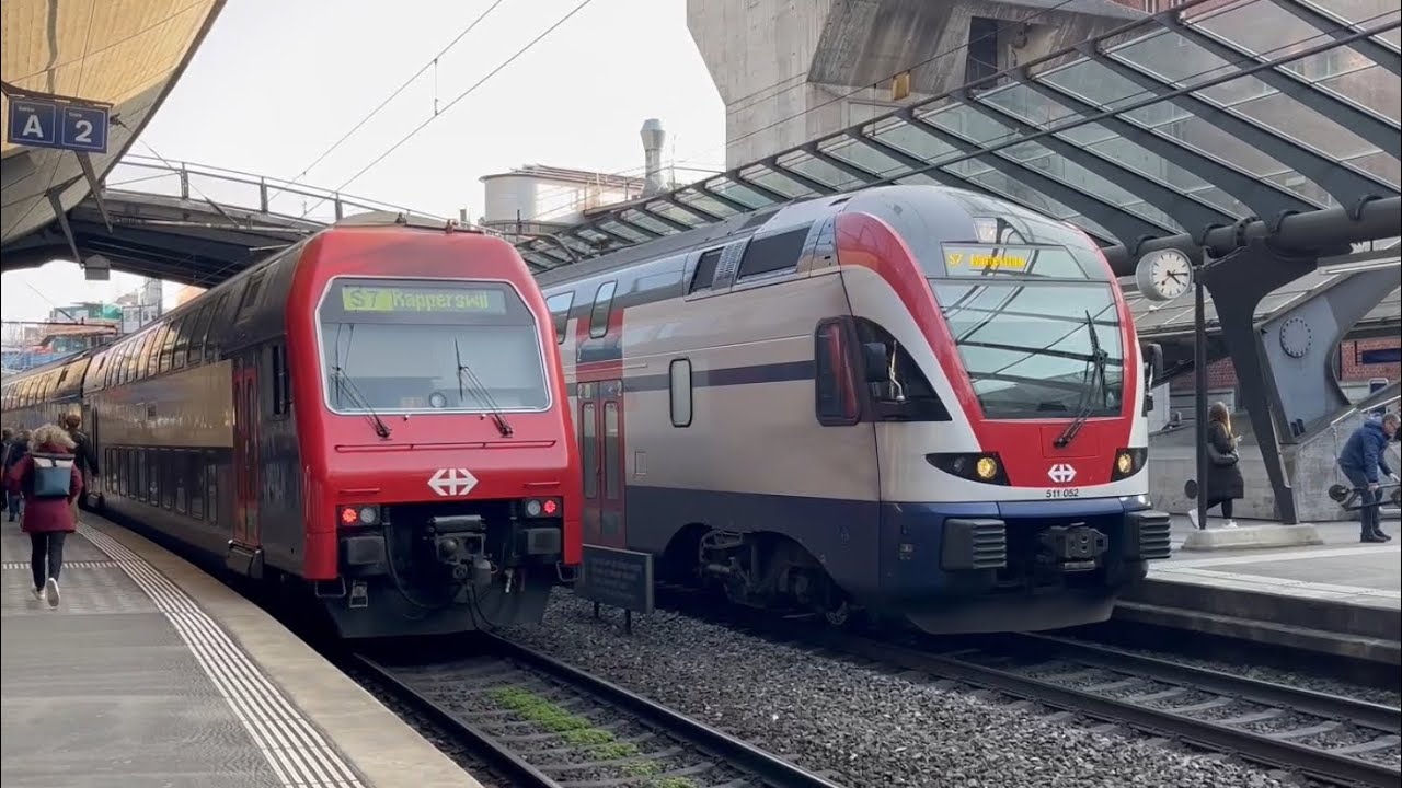 Early Rush Hour. Zurich S-Bahn Commuter Trains in action at Zurich Stadelhofen Station