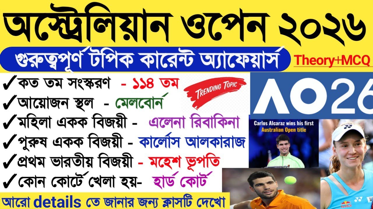 অস্ট্রেলিয়ান ওপেন 2026 কারেন্ট অ্যাফেয়ার্স|Tennis Grand Slam 2026 current affairs|#Australianopen 