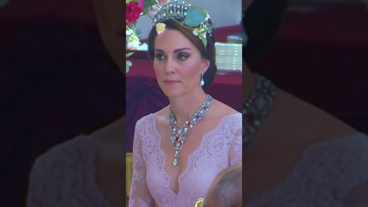 Catherine in a pale pink Marchesa gown, the Lover's Knot Tiara & a ruby & diamond necklace in 2017