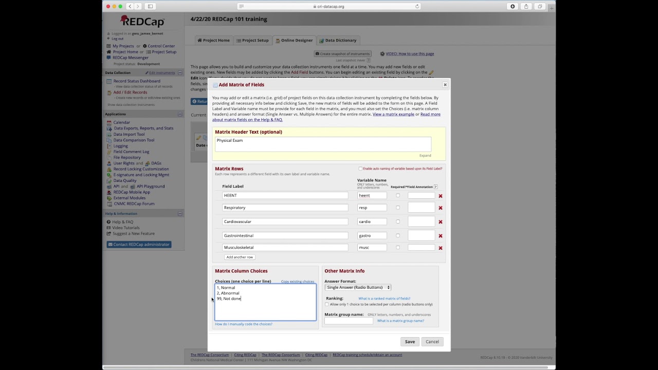 REDCap 101 part 6. Introduction matrices