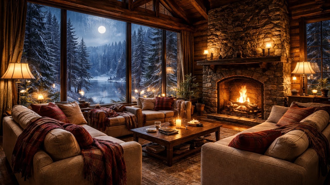 Soft Jazz by the Fireplace in a Luxury Cabin 🌧️ Rainy Night Relaxation | Cozy Winter Ambience