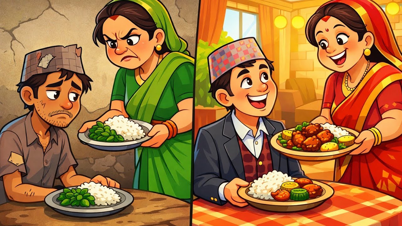 धनी ज्वाई लाई मासु🍗र गरिब ज्वाई साग 🥗 !!  नेपाली लोक कथा !!☘️☘️🌿🌿🌿