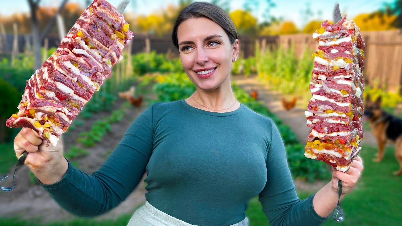 Cooking Juicy Striped Beef Skewers Recipe | Relaxing Village Life ASMR