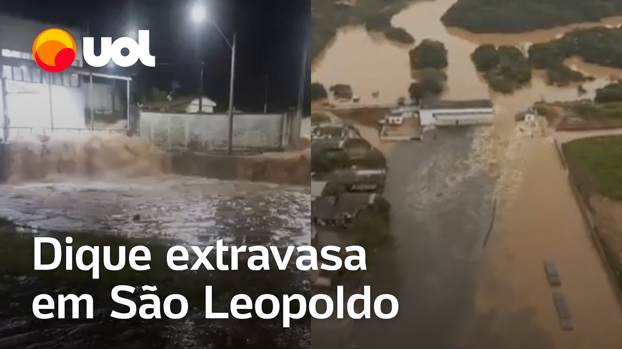 Enchentes no RS: em São Leopoldo (RS), vídeo registra momento em que dique extravasa