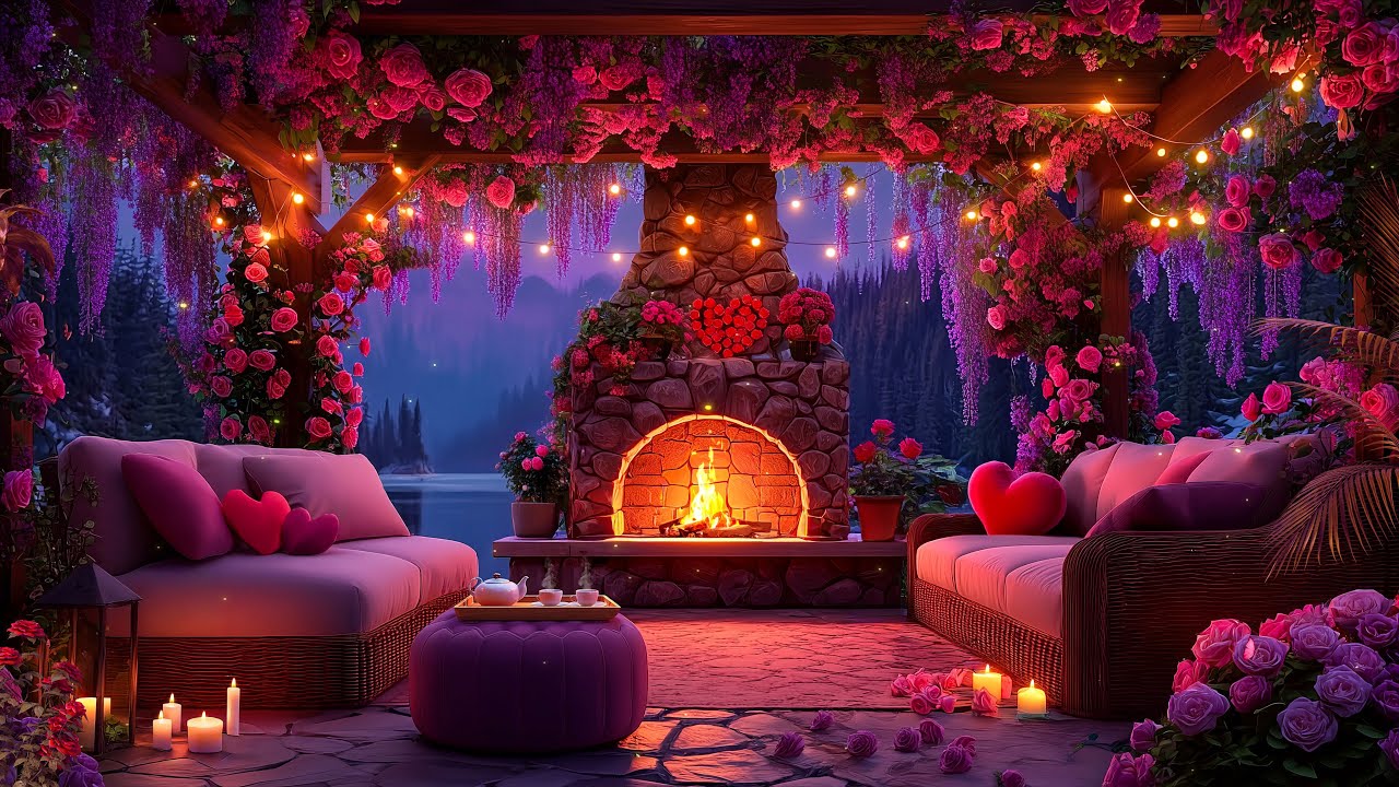 Valentine Fireplace Jazz 💖 Romantic Rose Garden Lounge with Pink Lights and Warm Night Ambience