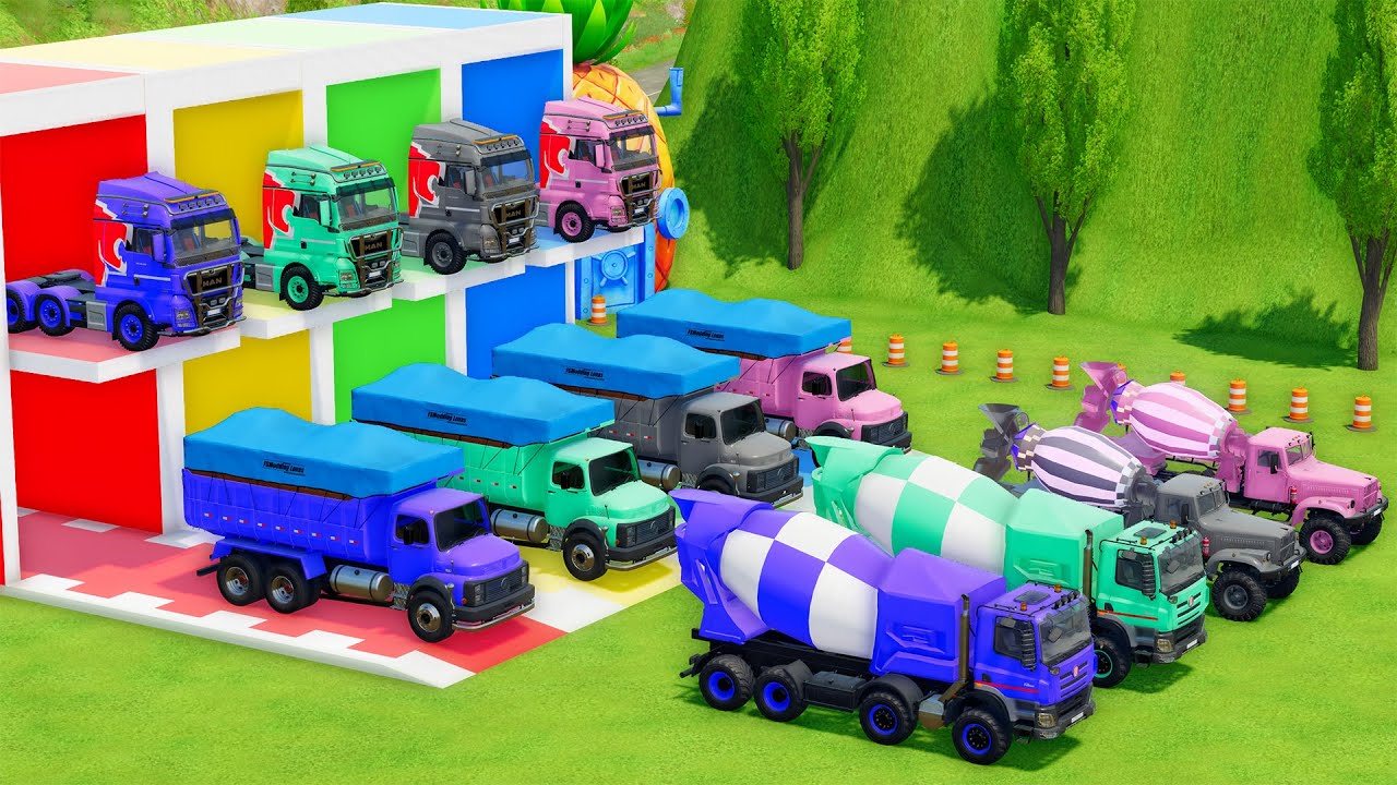 Garage with Colors - ALL MIXER TRUCK WITH DOUBLE FLATBED TRAILER TRUCK, MAN, MERCEDES, TATRA, KRAZ