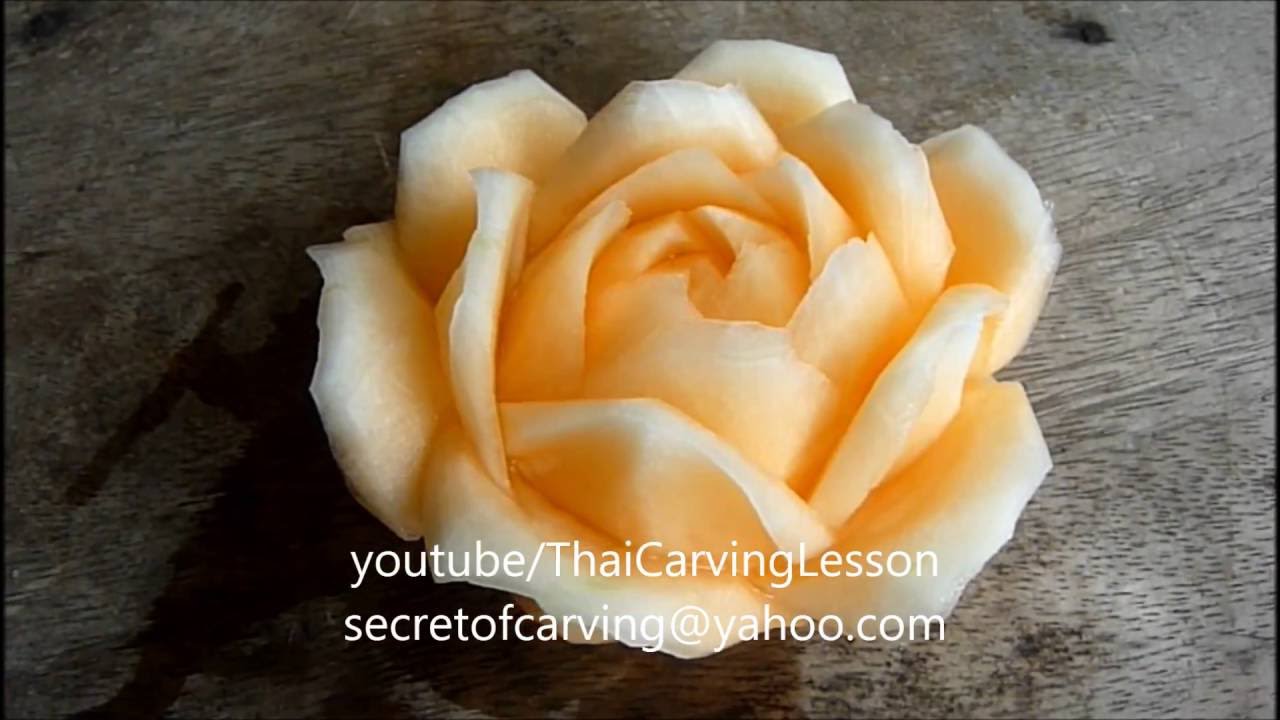 Cantaloupe Carving Design1,Rose Flower,Lessons 7 for Advance,แกะสลักกุหลาบม้วน จาก แคนตาลูป