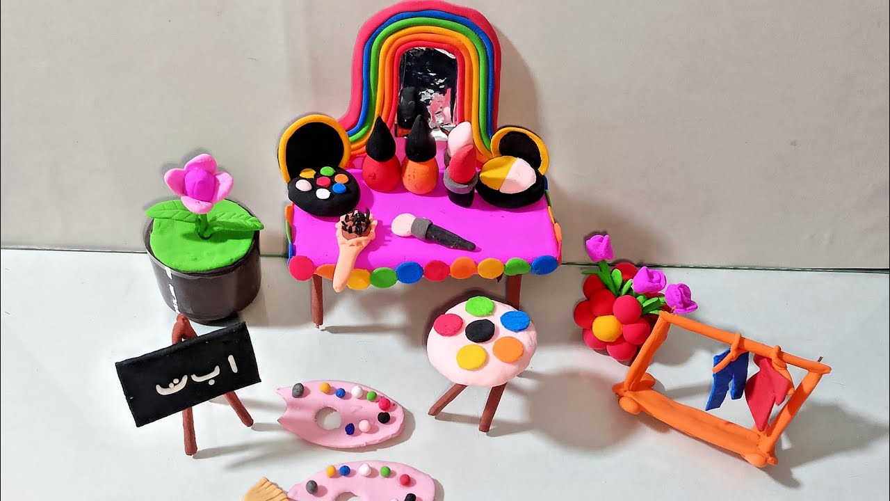 DIY HOW TO MAKE POLYMER CLAY Miniature Vanity Table with Clothes Rack, Chalkboard, Color palette