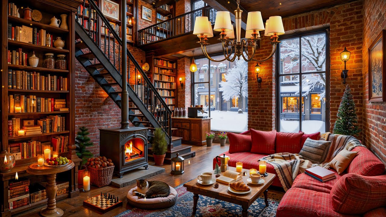 Warm Jazz Music in Cozy Library Coffee Shop ☕ Soft Winter Jazz with Snowfall for Reading & Focus
