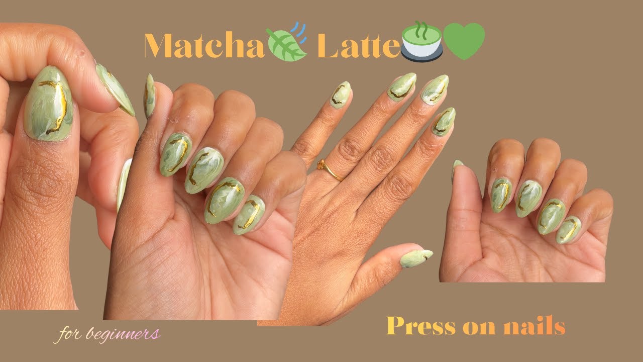 do matcha🍃 latte🍵press on nails with me🎀༘ | Easy technique + chrome tutorial ˚.🎀༘⋆ #pressonnails