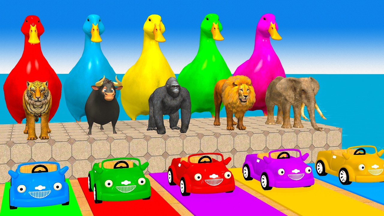 Long Slide Game With Cow Elephant Gorilla Hippopotamus Tiger - 3d Animal Game - Funny 3d Animals