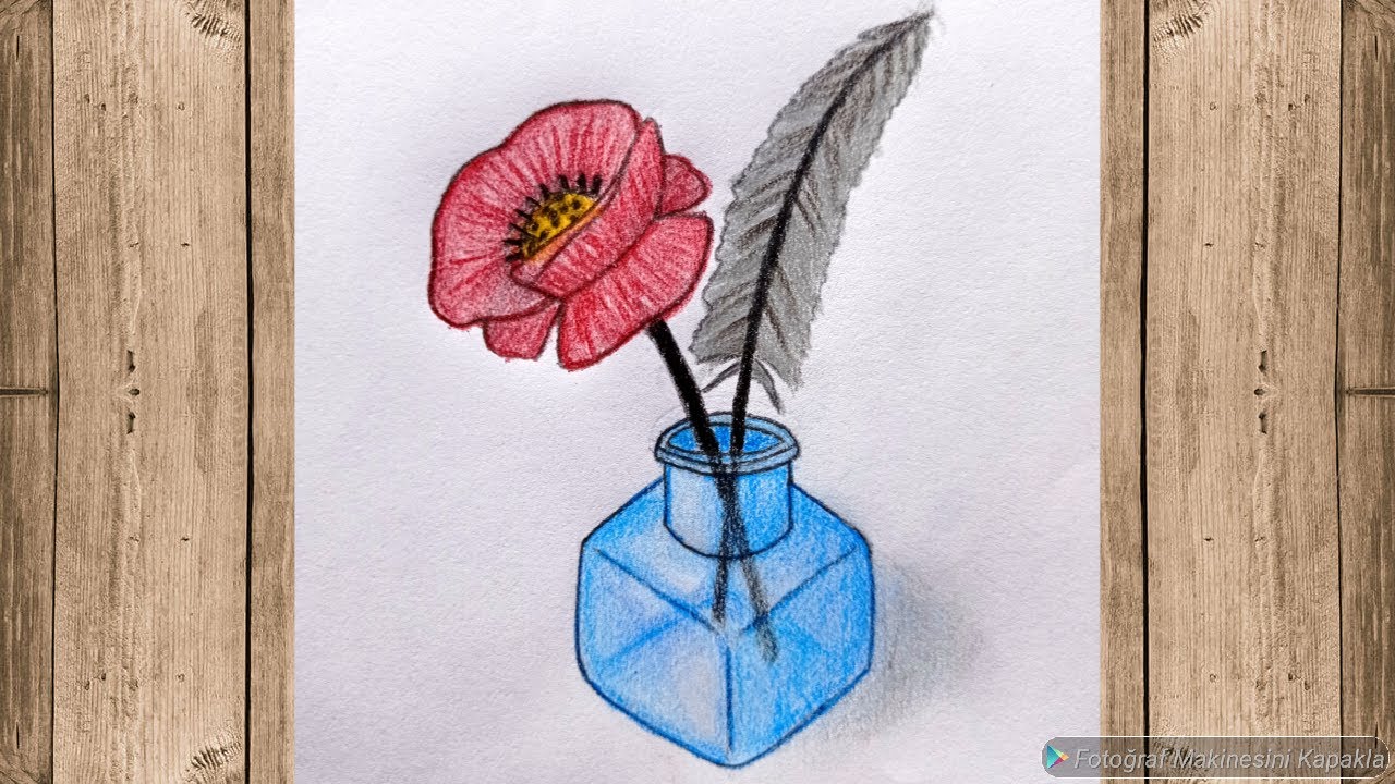 Cam Vazoda Çiçek ve Kuş tüyü çizimi ✍️ Kolay çiçek çizimleri ❤️