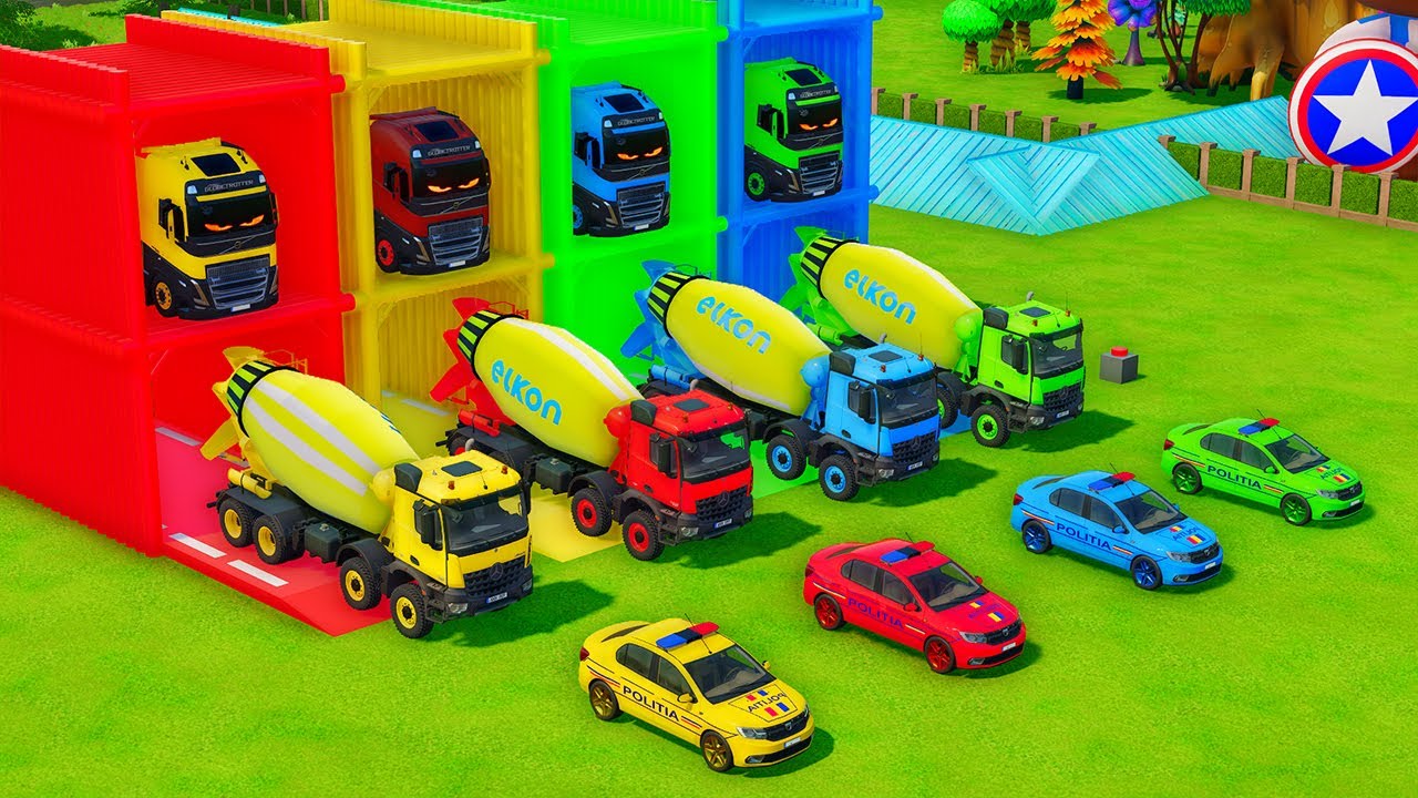 Garage with Colors - ALL MIXER TRUCKS WITH DOUBLE FLATBED TRAILER TRUCK, VOLVO, SCANIA, KENWORTH