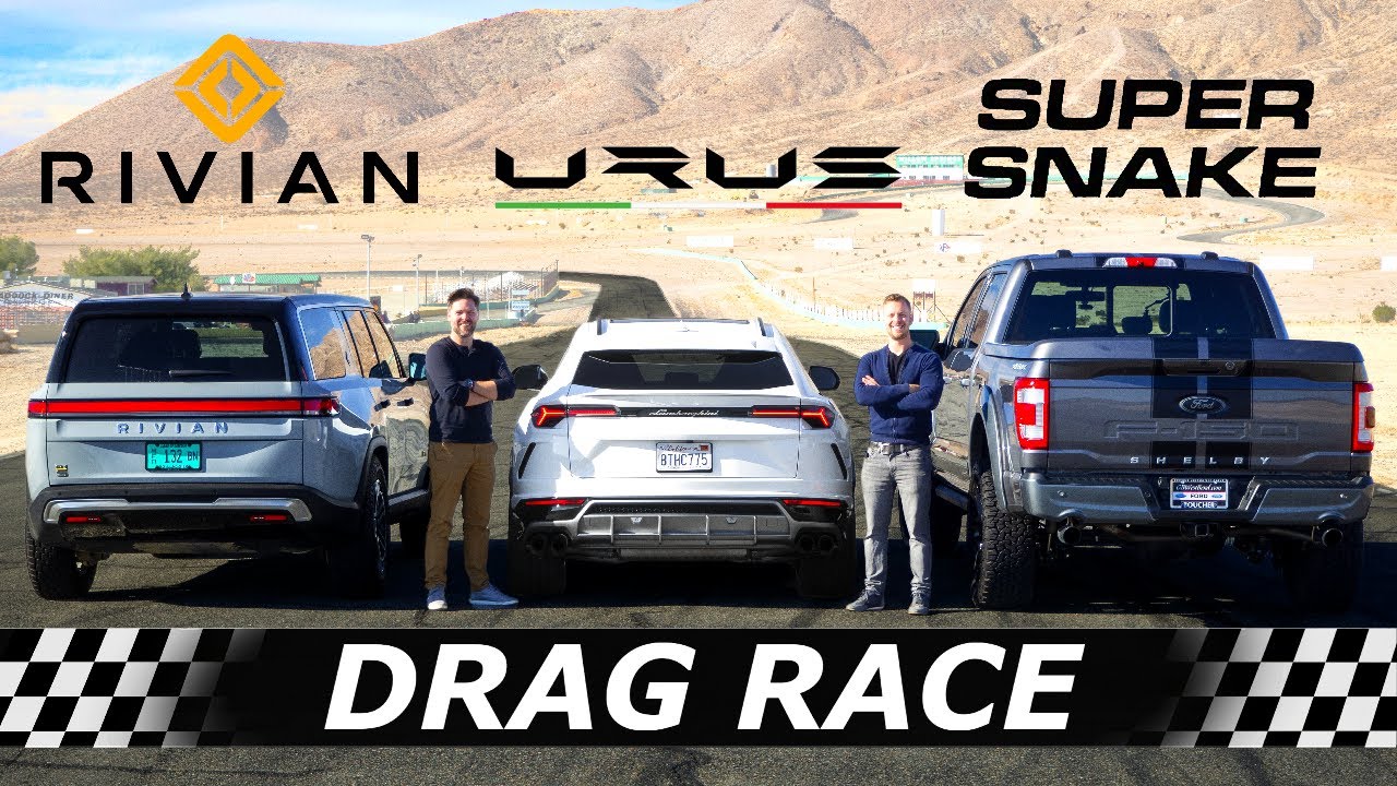 Rivian R1S vs Lamborghini Urus vs Shelby F-150 Super Snake // DRAG & ROLL RACE