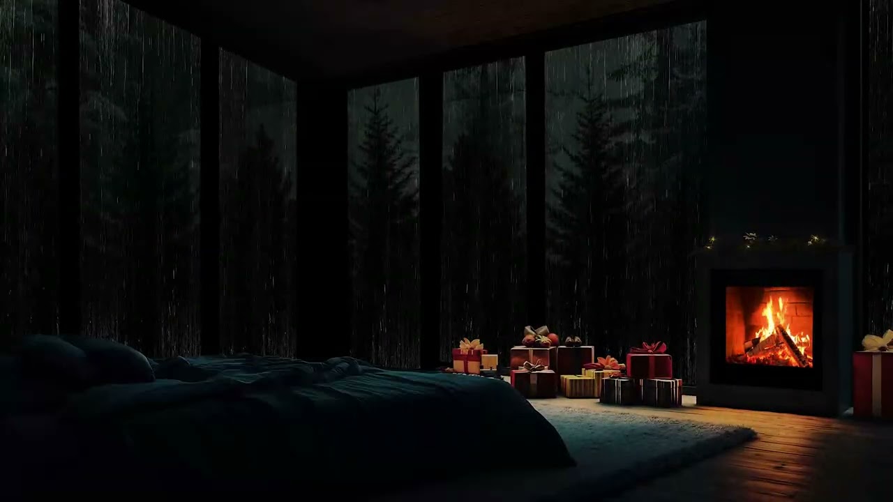 Warm Fireplace Ambience Surrounded by Soft Rain for Deep Sleep and Calm