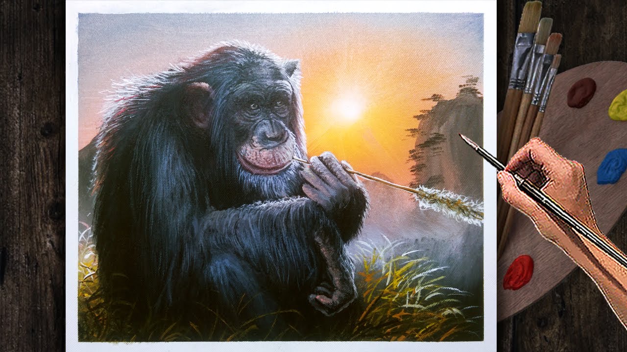 Acrylic Wild Animal Painting Lesson Time-lapse / Ape Chimpanzee Monkey on Sunset