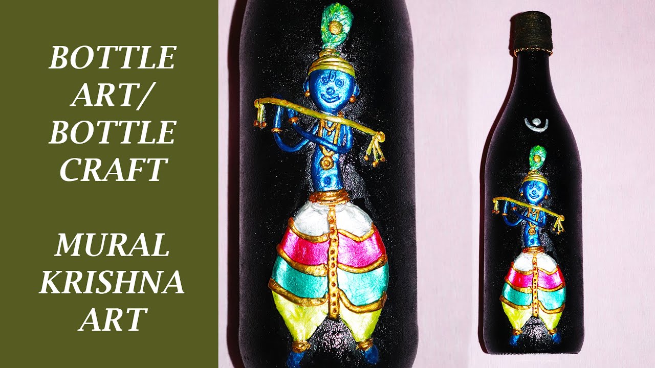 Bottle Art/ Bottle Craft/ Mural Krishna Bottle Art/ Air Dry Clay Art On Bottle / Best Out Of Waste