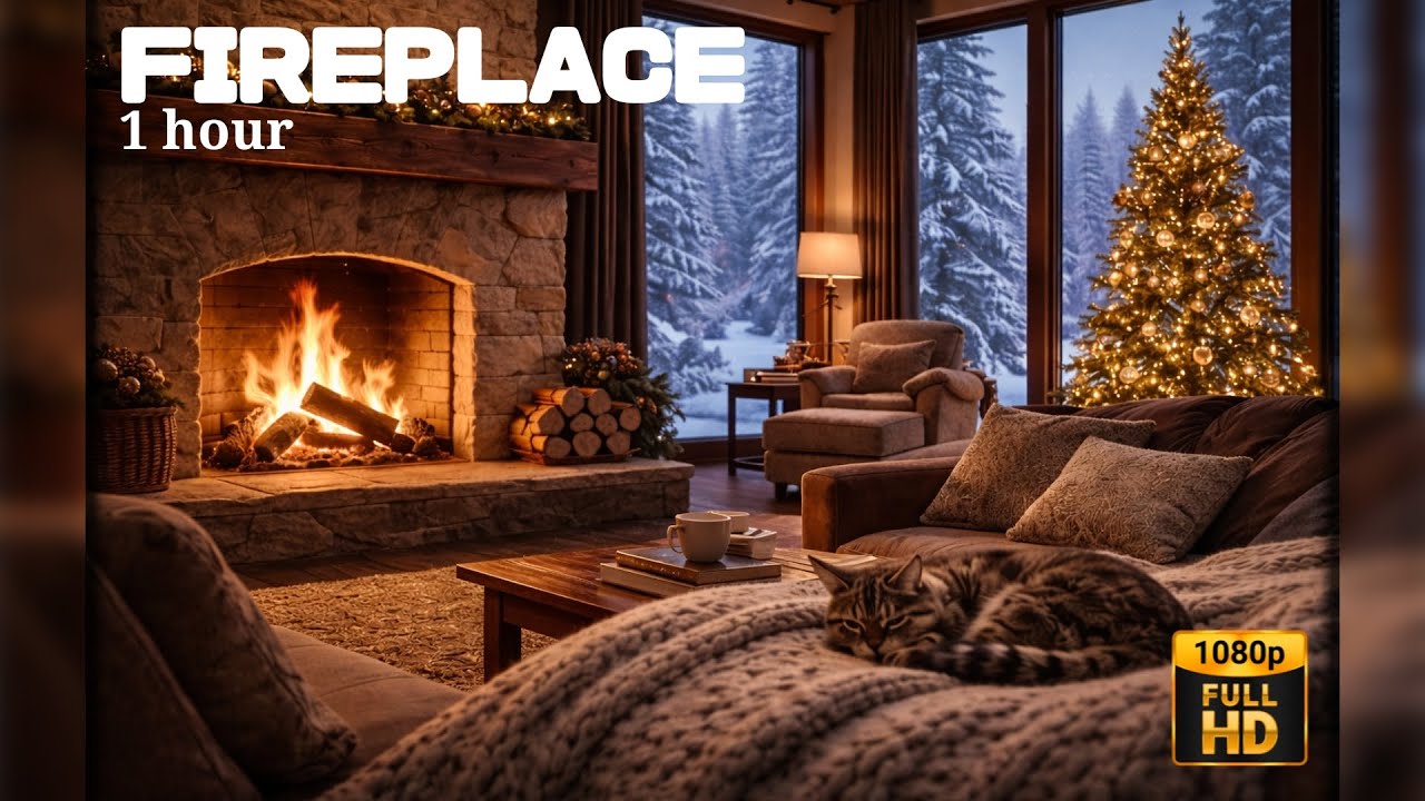 Cozy FIREPLACE 🔥 with snow outside | Relaxing Sounds (1 HOUR)
