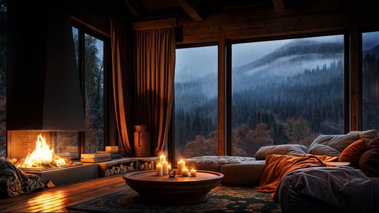 Cozy Fireplace 4K with Heavy Rain Outside for Deep Sleep, Study & Relaxation | 45 Min Ambience
