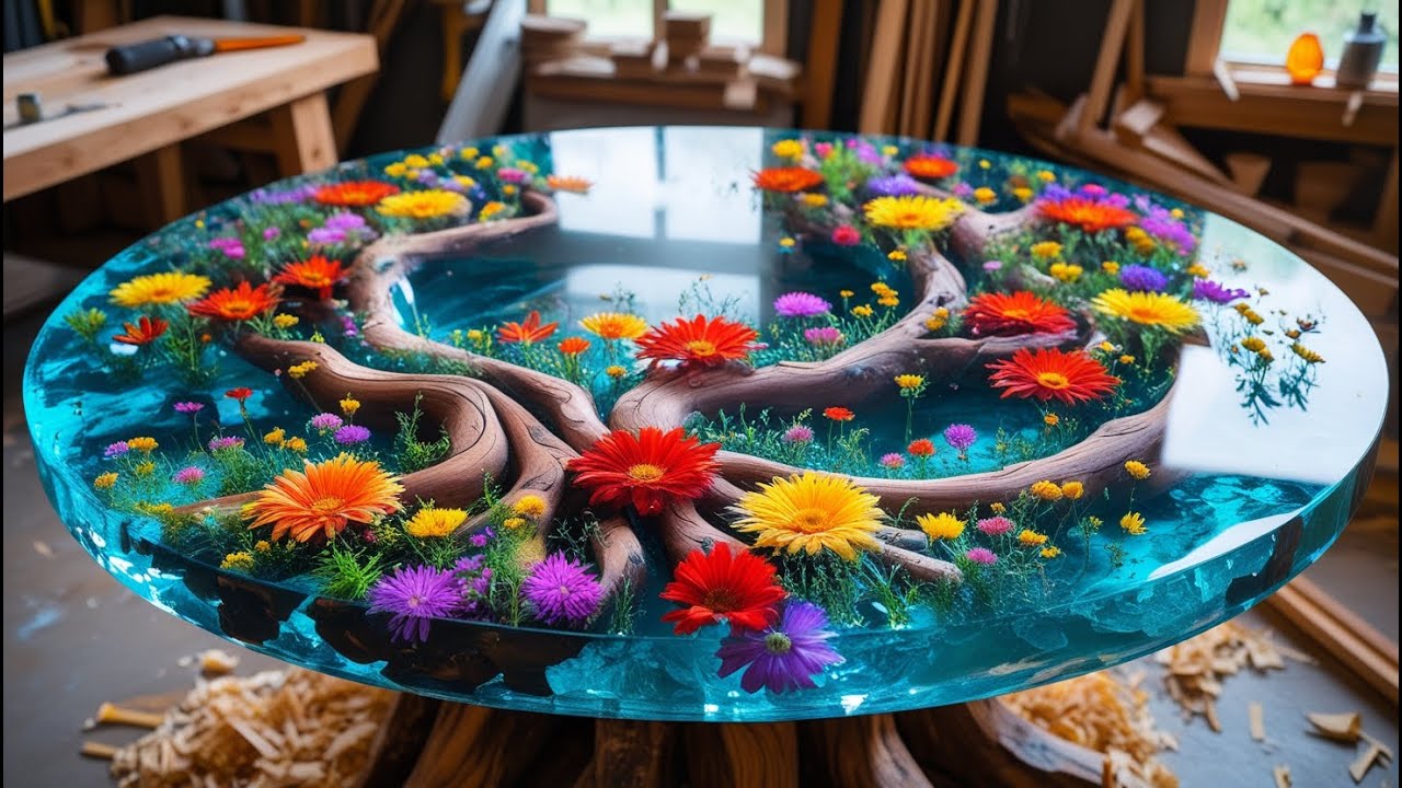 A Flower Forest Epoxy Resin Table: Craftsman Shares How To Make A Table With Flowers & Rotten Wood