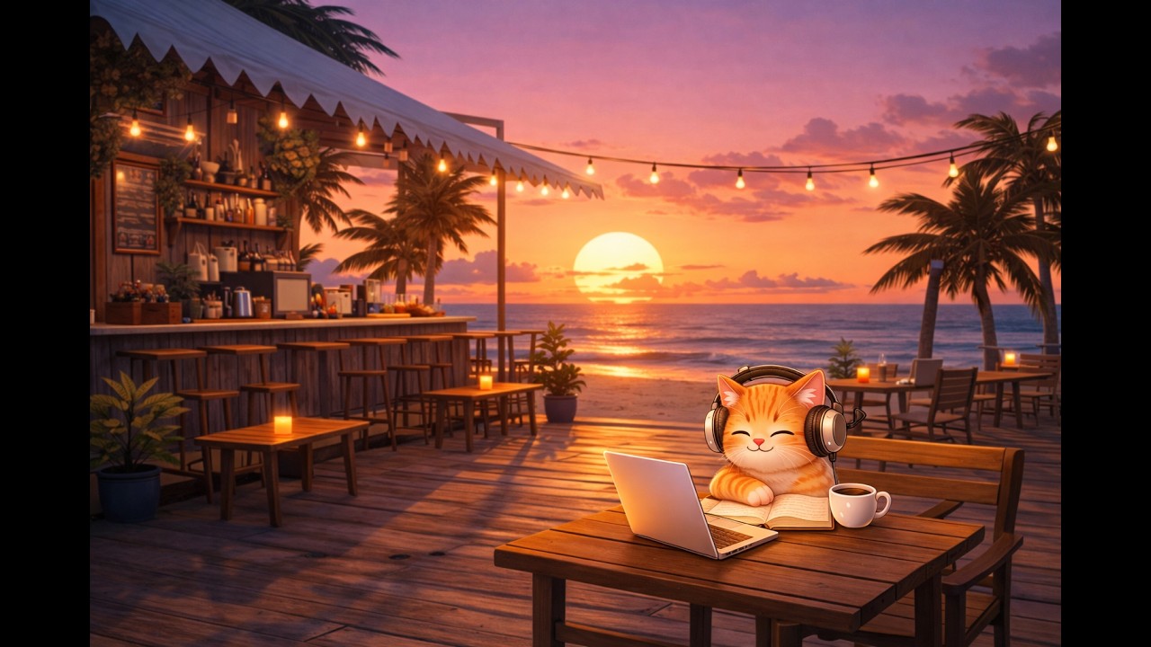 Cozy Beach Coffee 🌊 Chill Lofi Beats for Relaxing | Cozy Windowsill Cat 🐱 accompany with you