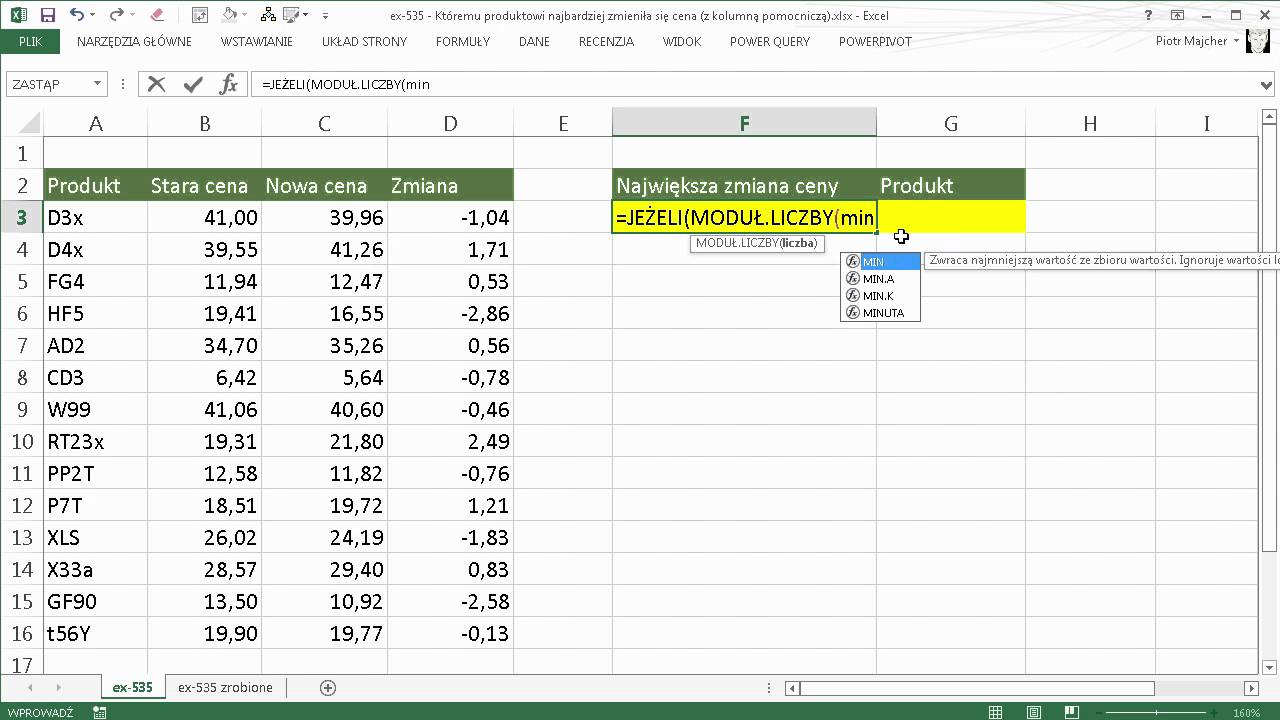 excel-535 - Któremu produktowi najbardziej zmieniła się cena (z kolumną pomocniczą)