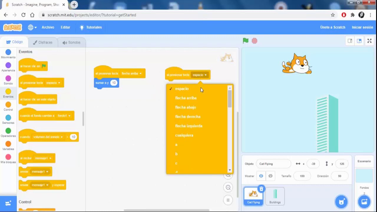 Programación Gato volando en Scratch