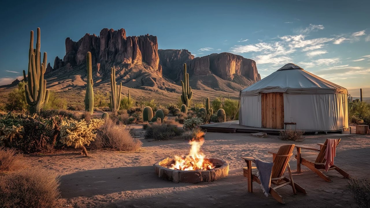 Yurt & Fire Pit in the Arizona Desert at Sunrise | Ambient Nature Sounds & Fire Crackling