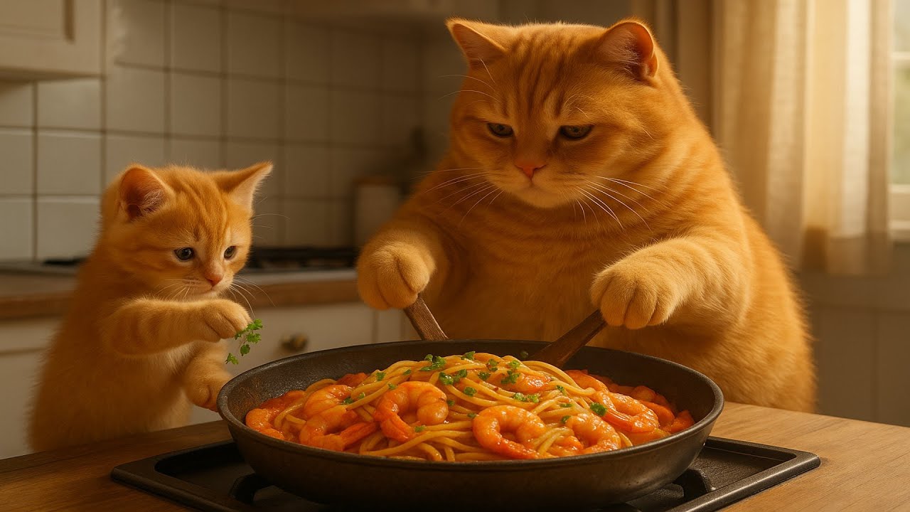 Cozy Spaghetti & Shrimp Dinner – Fat Orange Cat and Kitten Cook Together