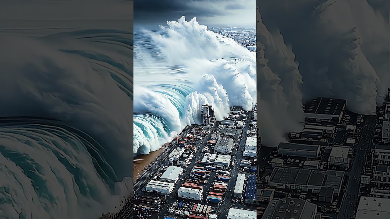🌊A powerful tsunami striking a coastal industrial area