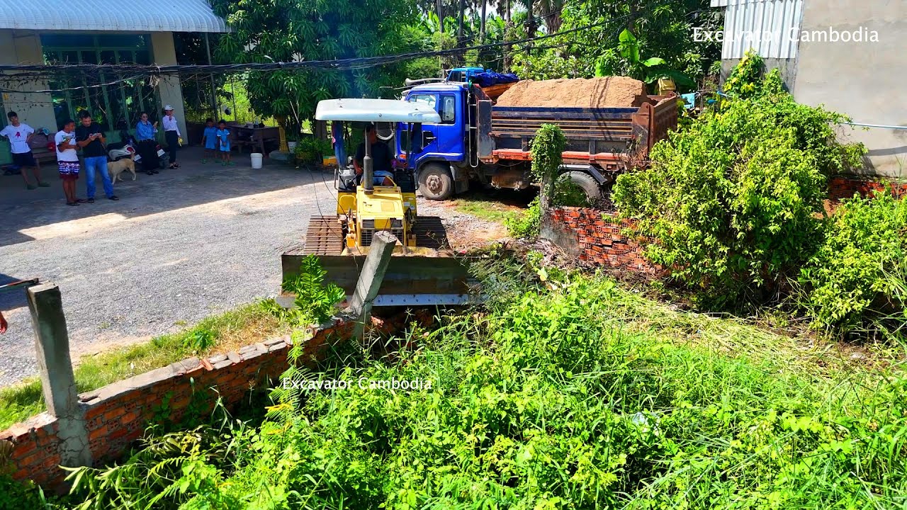 Good Video D20P + D30P Komatsu Bulldozer Clearing Forest And Filling Sand Dump Truck Unloading Sand