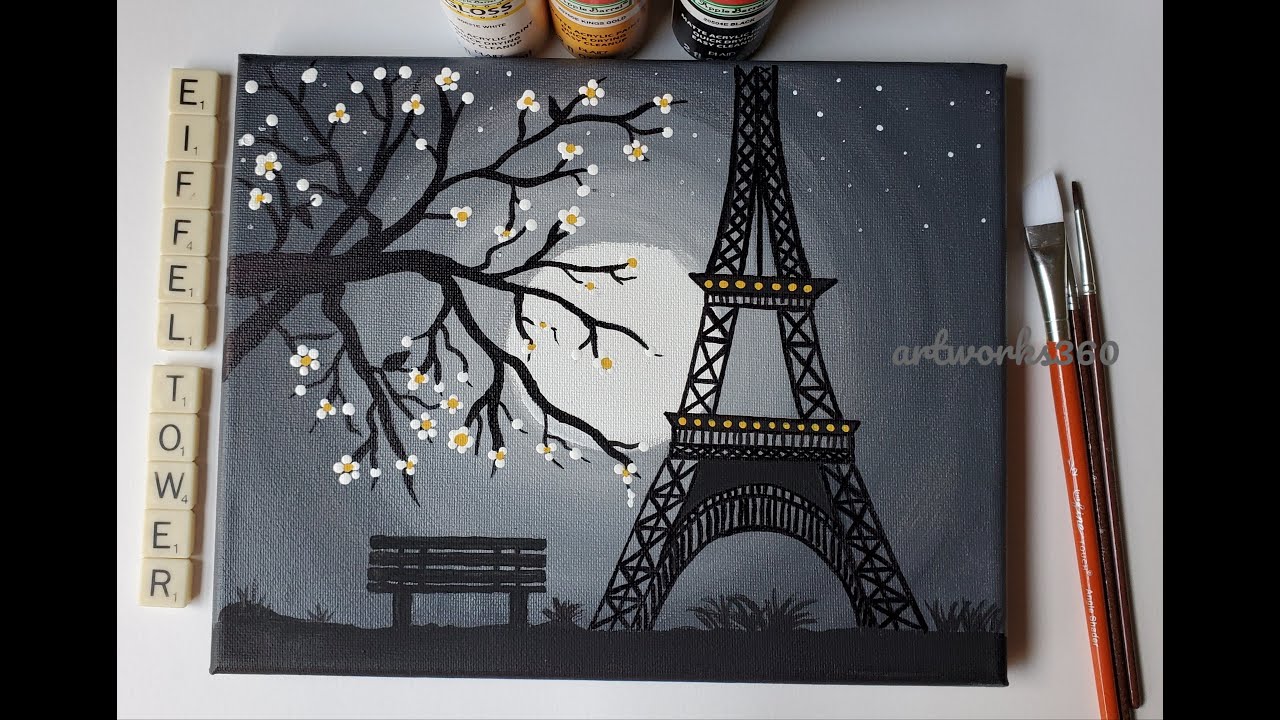 Eiffel Tower Painting|Moonlight Scenery|Eiffel Tower|Easy Eiffel tower painting|Moonlight painting