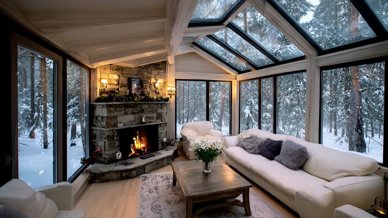 Warm Cozy Fireplace During Snowy Winter | Falling Snow Ambience for Deep Sleep, Focus and Relaxation