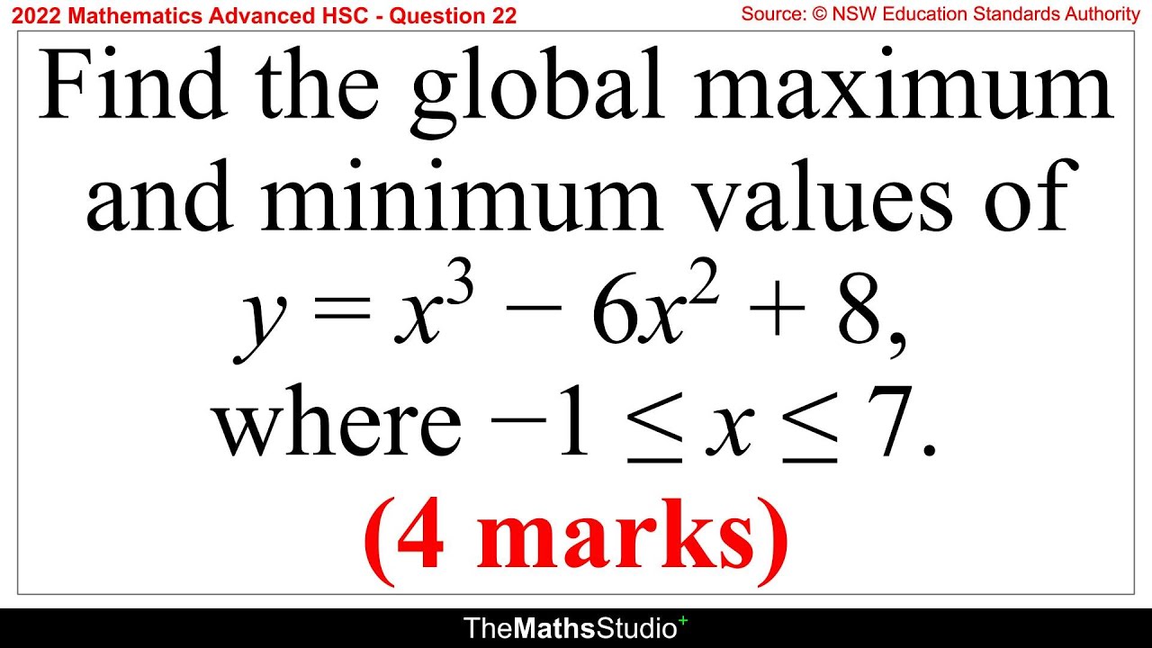 2022 Maths Advanced HSC Q22 Find global maximum & minimum values of y=x&sup3;-6x&sup2;+8 in interval [-1,7]