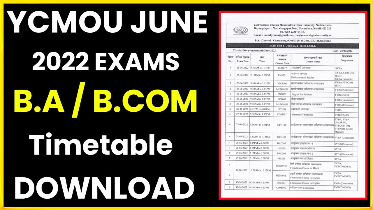 YCMOU Exam Time Table 2022 Download B.A/B.Com/M.A