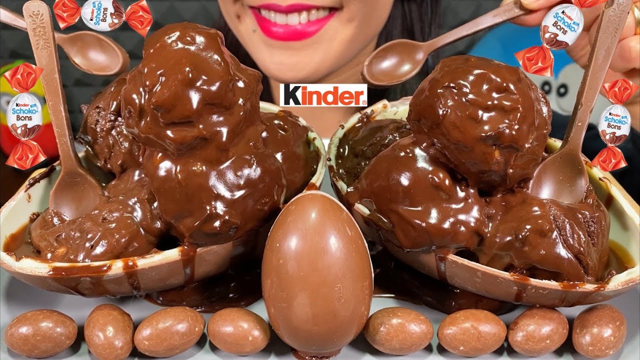 ASMR GIANT KINDER CHOCOLATE EGG PROFITEROLE, CHOCO SPOONS, SCHOKO BONS MASSIVE Eating Sounds