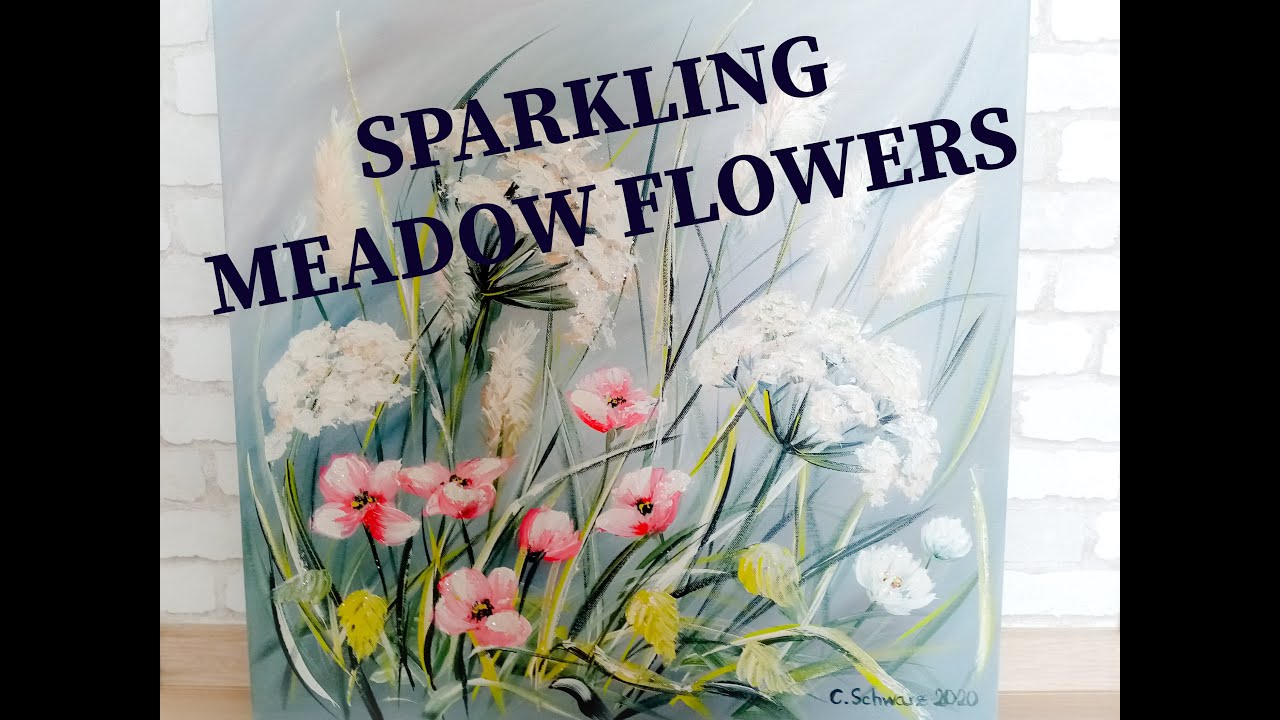 Acrylgemälde SPARKLING MEADOW FLOWERS - Mohn und Wiesenblumen auf Leinwand malen mit Glitter