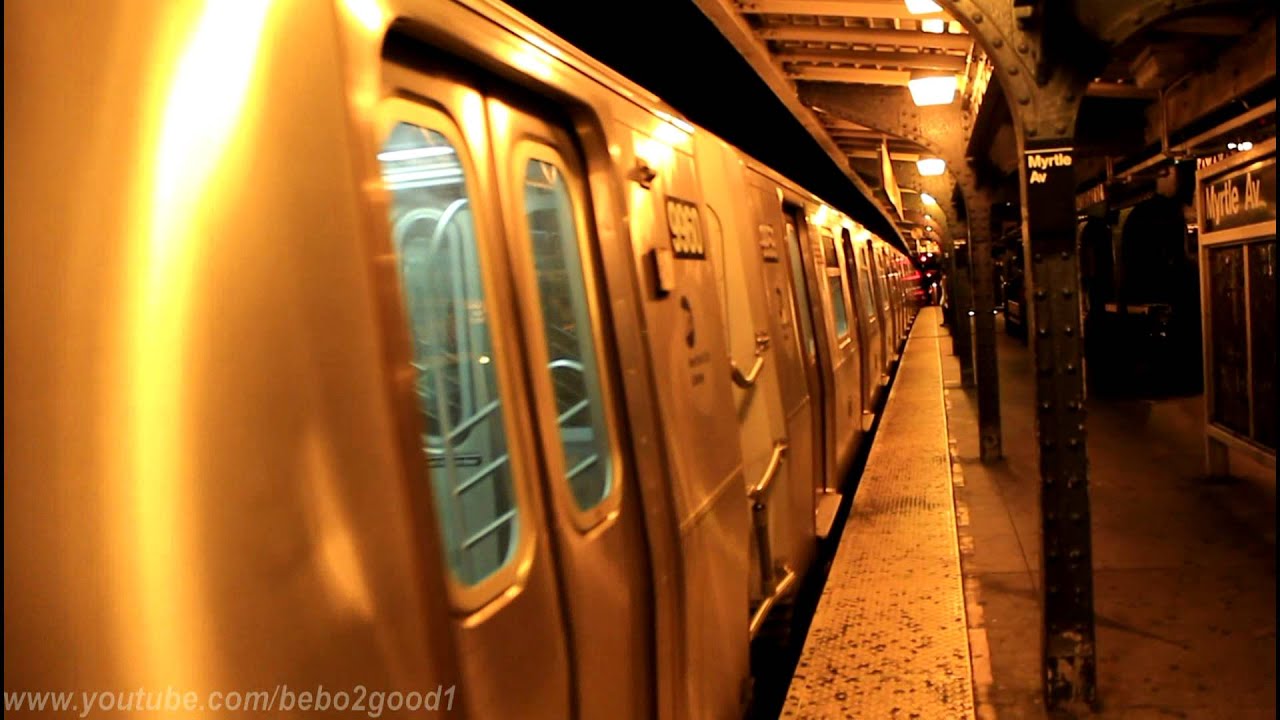 BMT Subway: R160 (J) and (M) Shuttle Train [Begins/Ends] at Myrtle Ave @Night
