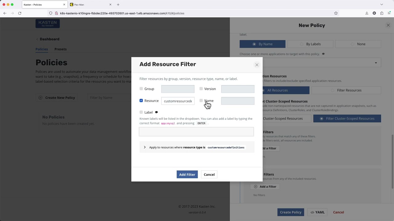 Creating your first Kasten Policy and application restore