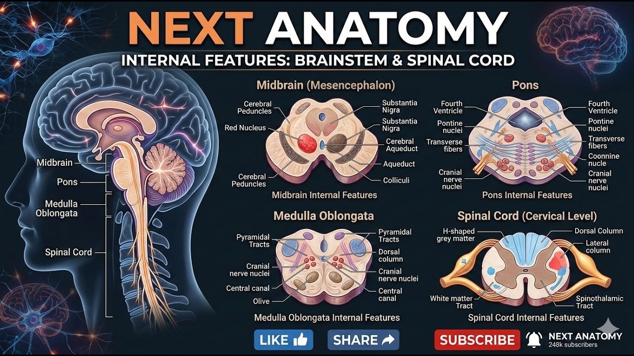 Transverse sections of #midbrain #pons #medullaoblongata #spinalcord @nextanatomy