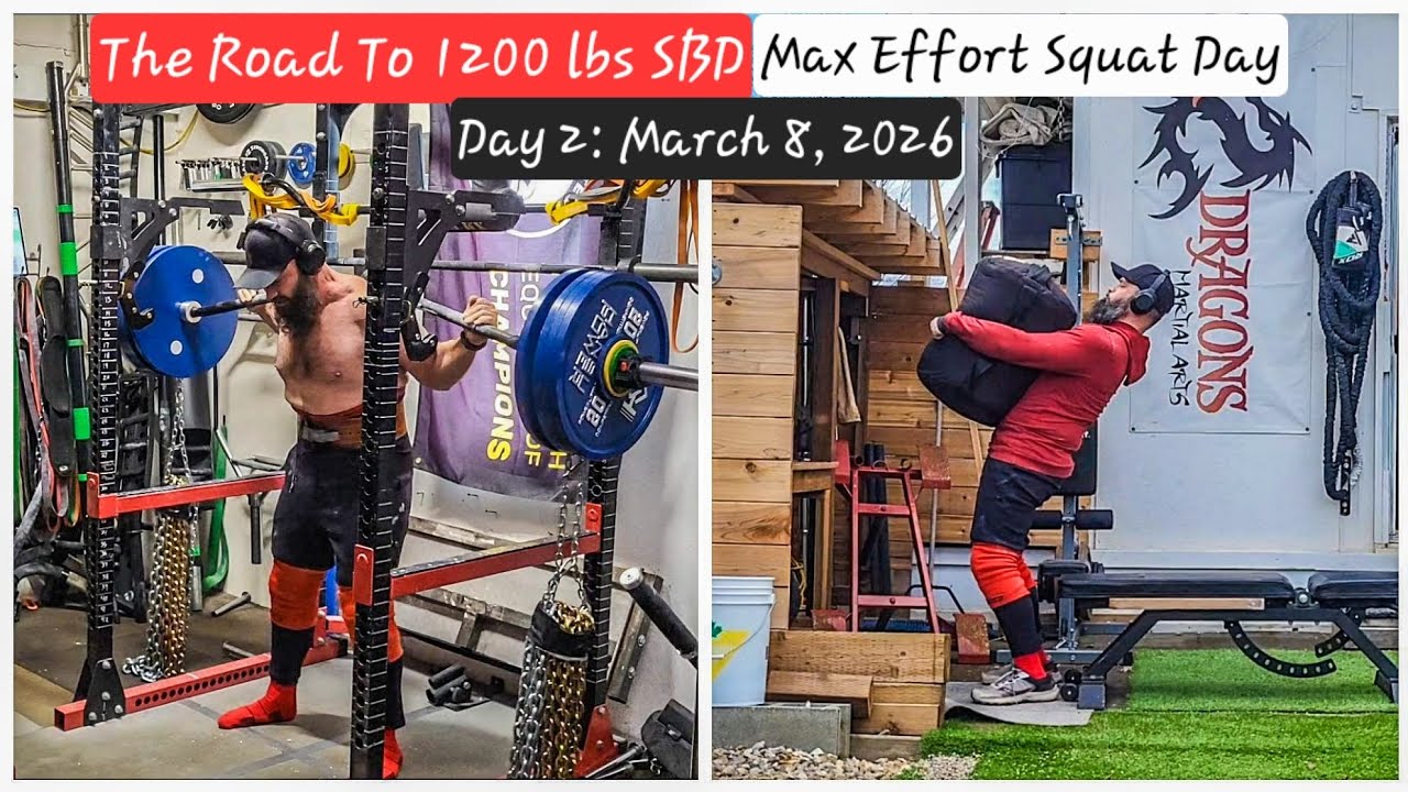 The Road To 1200 lbs Day 2: Max Effort Squat Day.  Adding sandbag boxsquats and more single leg work